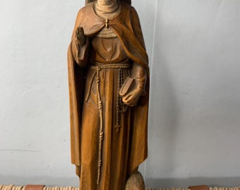 Vintage Hand carved religious shrine figure of St Colette with Lamb
