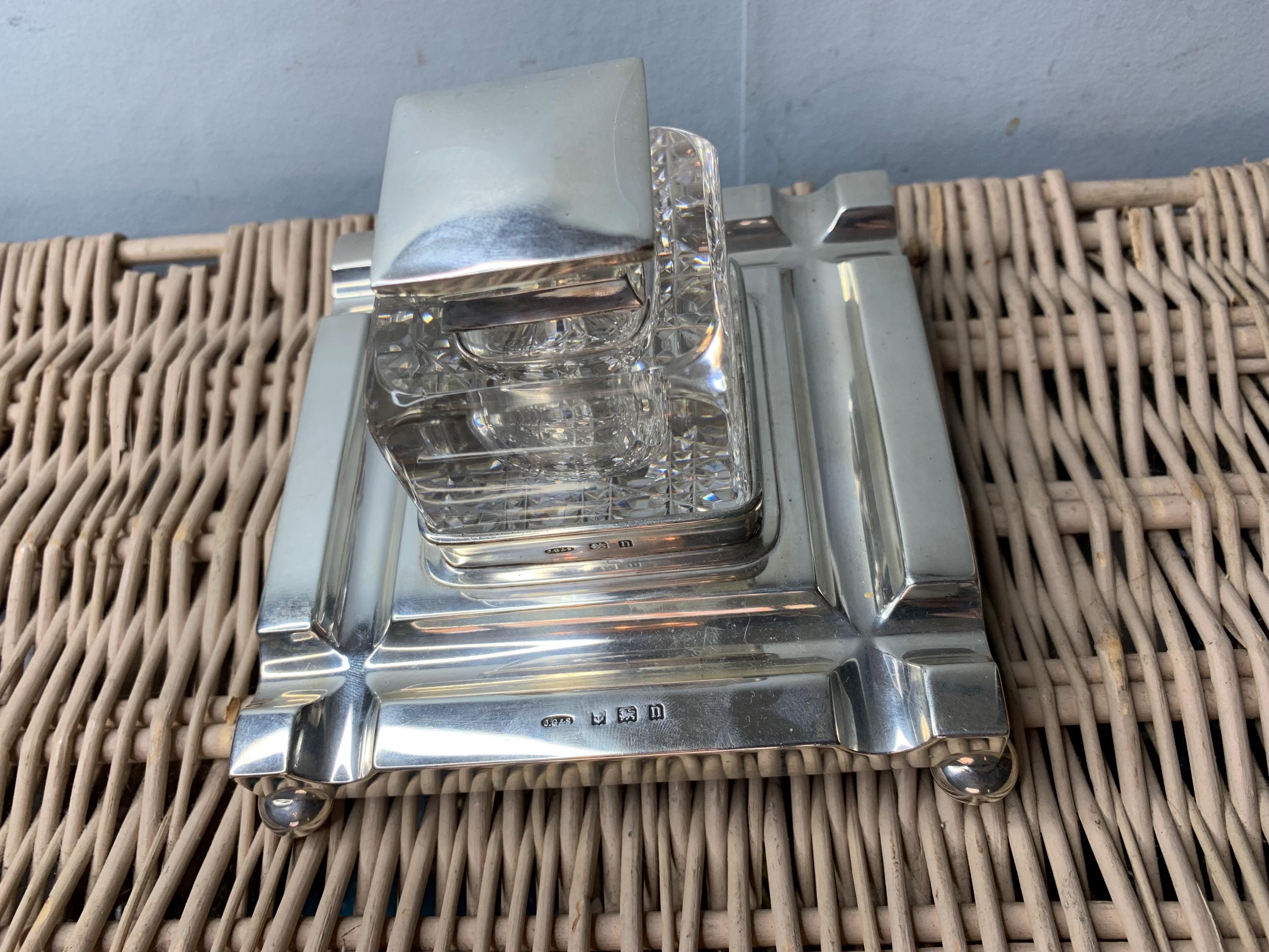 Antique John Grinsell Limited and Sons Sterling Silver Inkwell tray holder and matching Cut glass Sterling silver inkwell Birmingham 1912