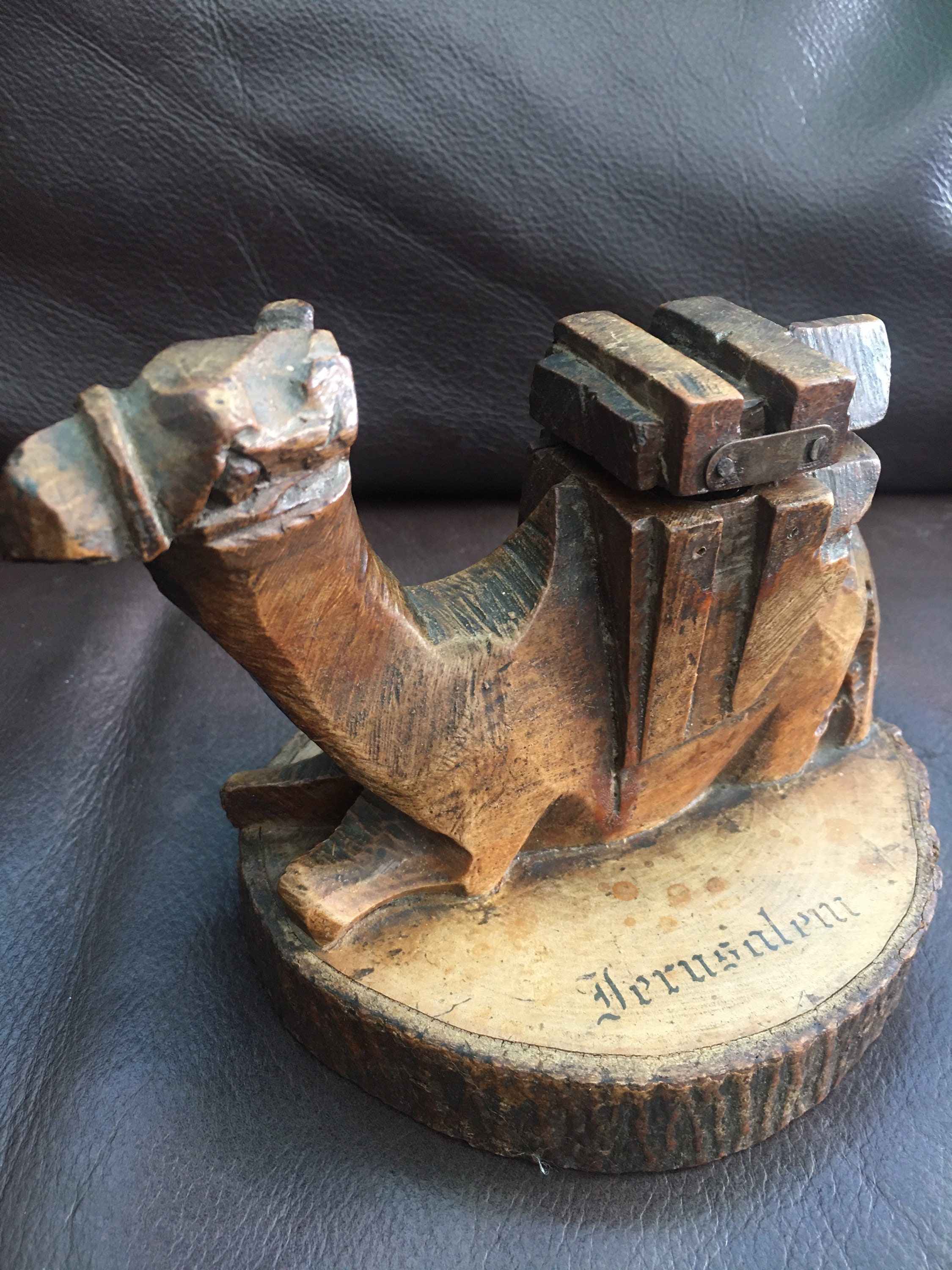 Antique Olive Wood Camel Inkwell 