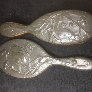 Antique Exquisite and Rare Pewter Arts and Crafts dressing table Brush and Mirror set with Robin decoration