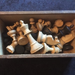 Antique Boxwood Chess pieces in their original wooden box