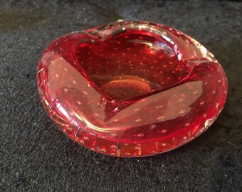 Vintage Cranberry Bubble Art glass Bon Bon / Ashtray