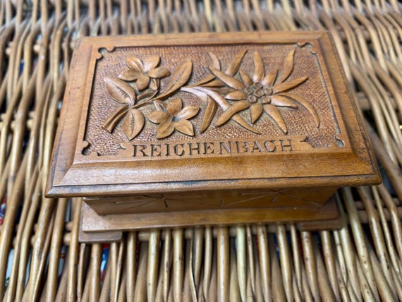 Vintage Small Black Forest Hand Carved Wooden Jewelry Box With