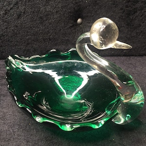 Vintage Murano Verde e Clear Art vetro Swan Bon Bon / Posacenere