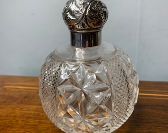 Antique Rare Large Cut Glass and Sterling silver lid Perfume/ Dressing table bottle Birmingham 1896