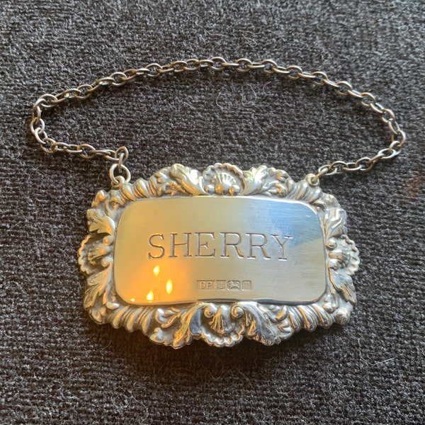 Vintage Sterling Silver Sherry Decanter Label by Douglas Pell Birmingham 1995