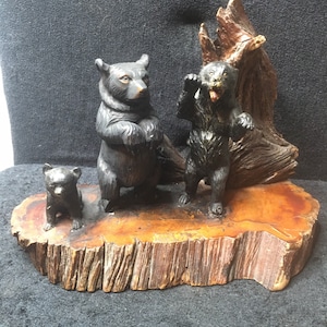 Antique Black Forest group of Bears on wood trunk base