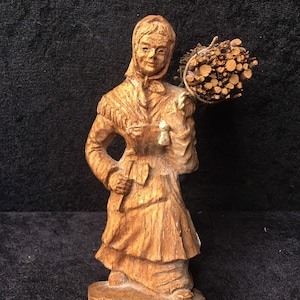 Vintage Black Forest Hand carved wooden Figure of a Old lady carrying firewood