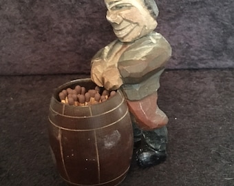 Rare vintage Black Forest Carved Match / cocktail stick holder with bobble head man
