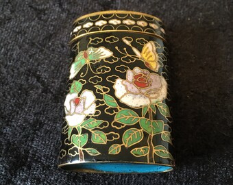 Antique Chinese Cloisonné Enamel and Brass Trinket Box with Butterflies and Flowers