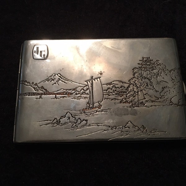 Vintage Japanese Sterling silver engraved Mount Fuji Cigarette case