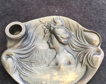 Vintage Art Nouveau Spelter Ink well Stand spelter Inkwell liner