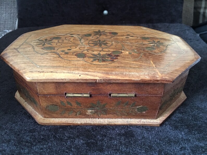 Vintage Inlaid Brass Wooden Box With Flowers Etsy