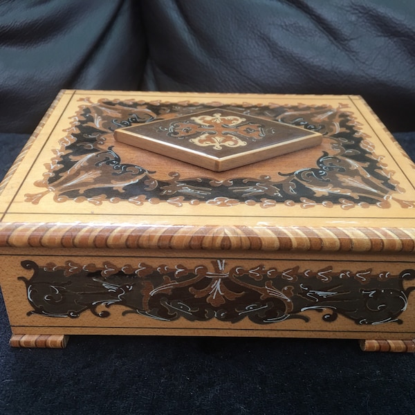 Vintage Reuge inlaid wooden music box with acanthus leave decoration