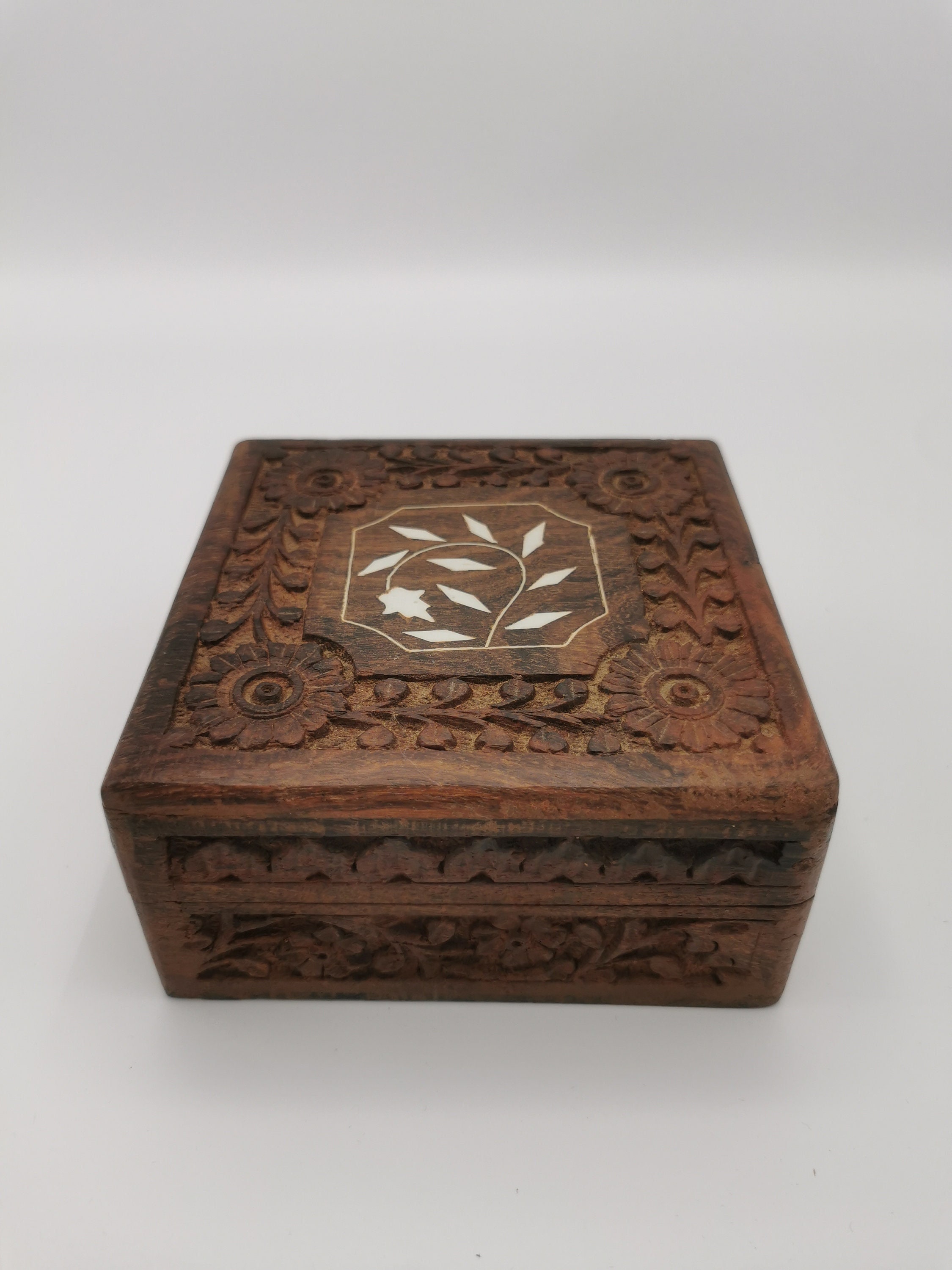 Carved wood and mother-of-pearl jewelry box