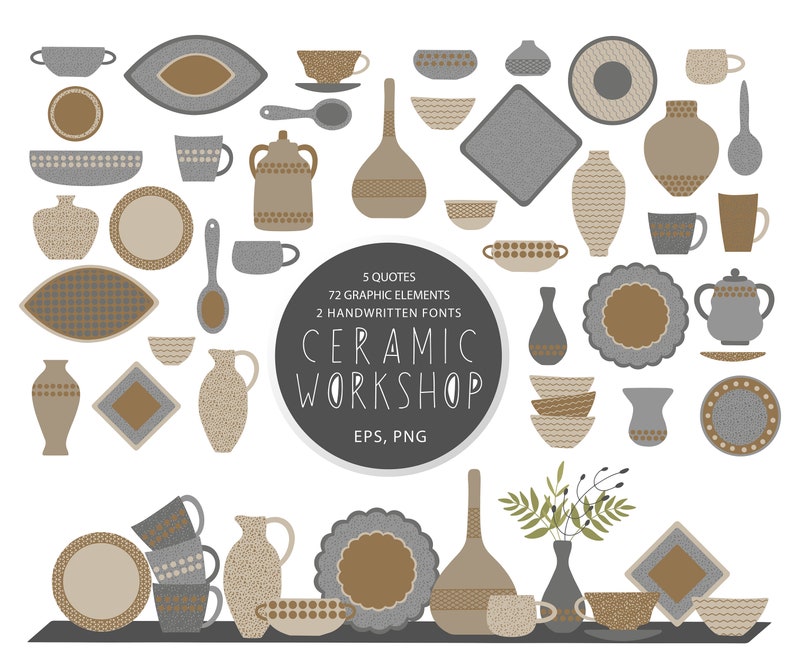 ceramic set Studio pottery clipart handmade ceramic set bowls kitchen utensils clip art ceramic plate teapot pottery bowl