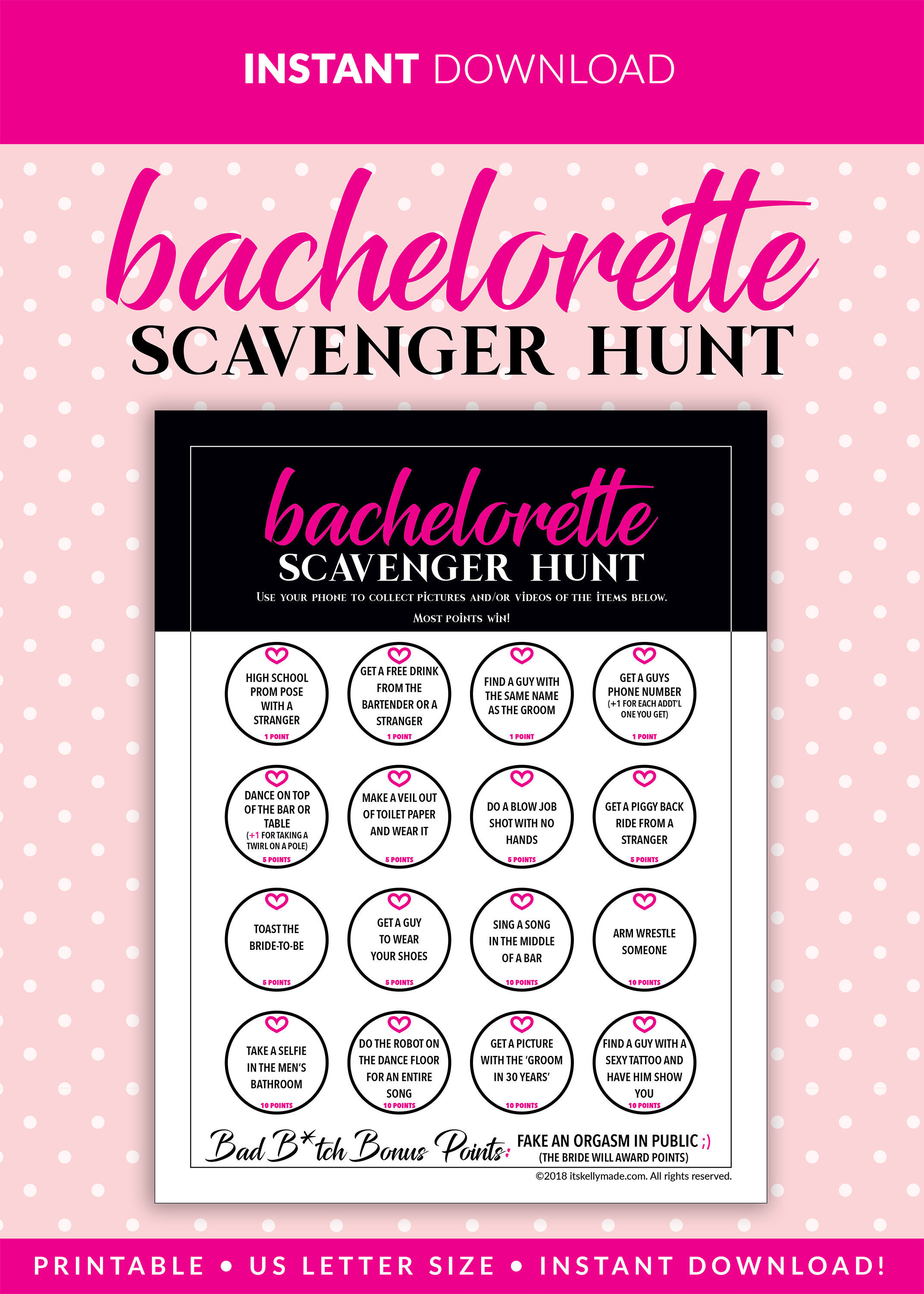 Bachelorette Party Scavenger Hunt Instant Download Printable Game Hen Party Games Pink