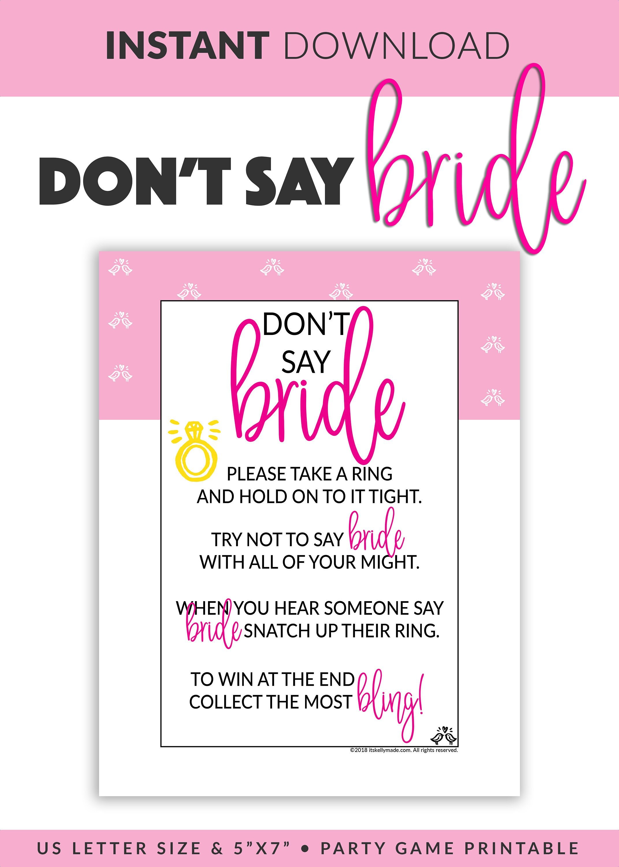 Don't Say Bride Printable Don't Say Bride Sign Bridal Shower Game ...