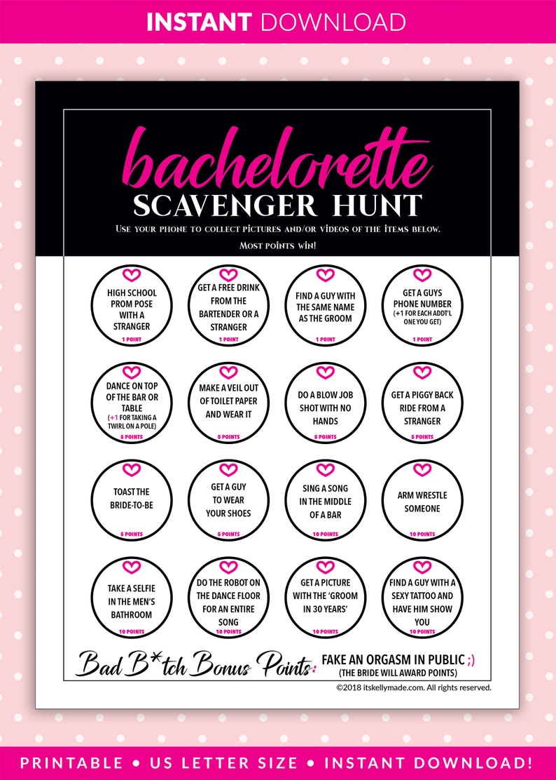 Bachelorette Party Scavenger Hunt Instant Download Printable Game Hen Party Games Pink