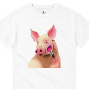 Pincel de maquillaje de cerdo, parodia de belleza, cerdo de dibujos animados, aplicación cosmética, animal de dibujos animados, camiseta unisex de cuello redondo de peso pesado