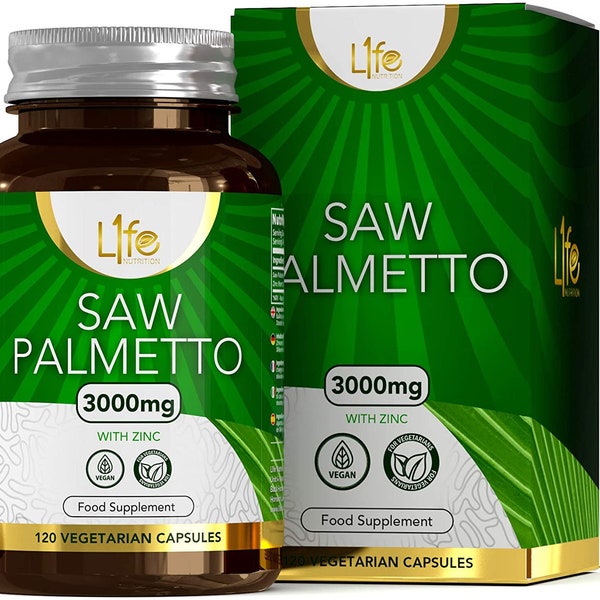 L1fe Nutrition Saw Palmetto & Zinc Capsules | 3000mg Saw-Palmetto Extract + 15mg Zinc per Serving | Vegan Capsules | Non-GMO, Dairy Free