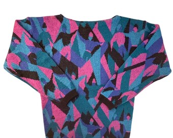 Vintage 90s Odyssey Geometric Abstract Knit Sweater Pink Teal Wool Blend Large