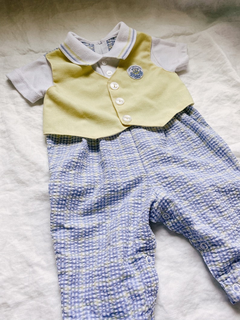 9-12 M Pre-loved Vintage Little Gentleman Yellow /& Blue check boy collared Romper