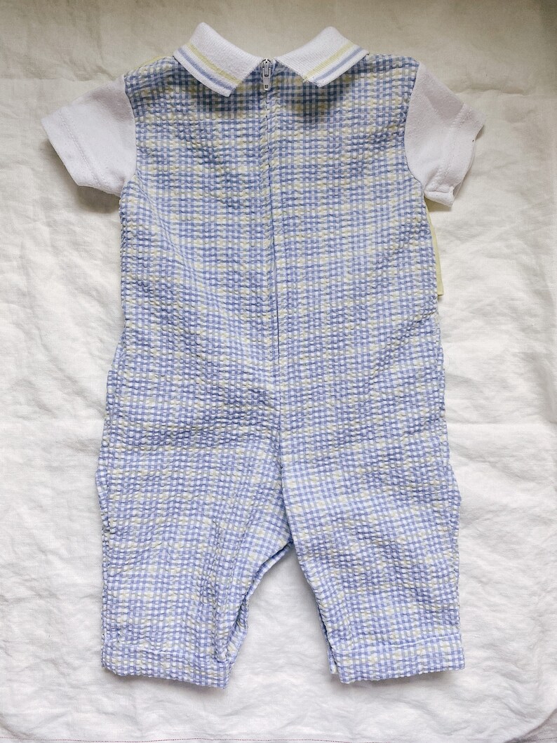 9-12 M Pre-loved Vintage Little Gentleman Yellow /& Blue check boy collared Romper