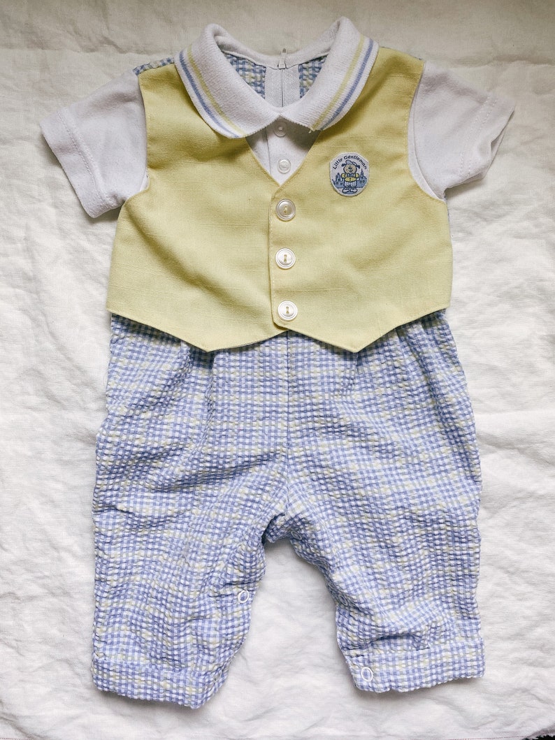 9-12 M Pre-loved Vintage Little Gentleman Yellow /& Blue check boy collared Romper