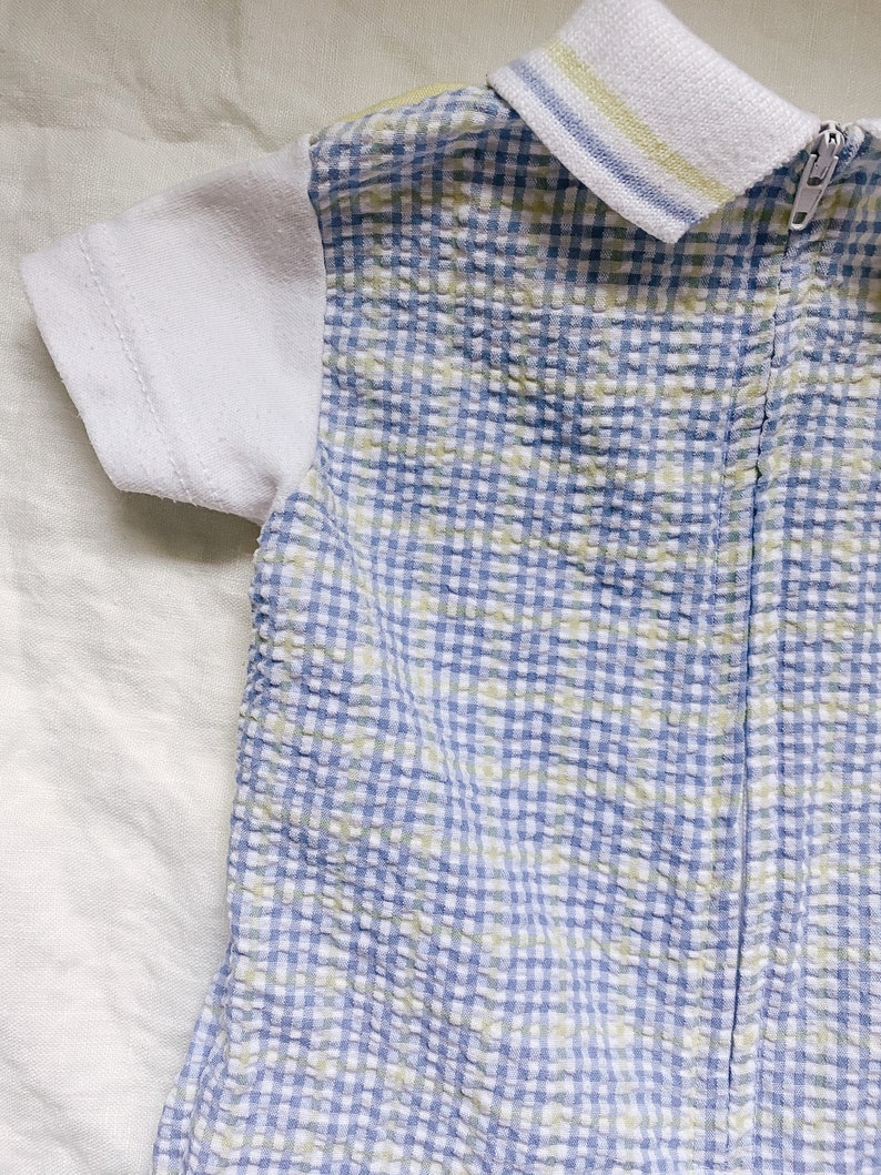 9-12 M Pre-loved Vintage Little Gentleman Yellow /& Blue check boy collared Romper