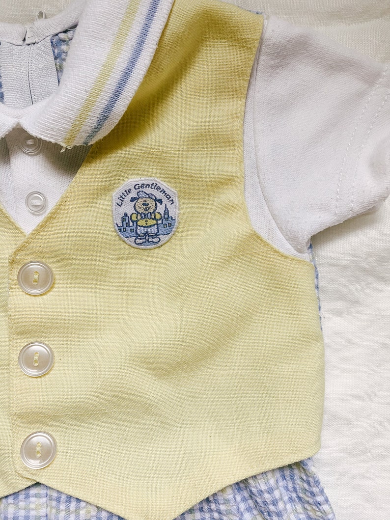 9-12 M Pre-loved Vintage Little Gentleman Yellow /& Blue check boy collared Romper