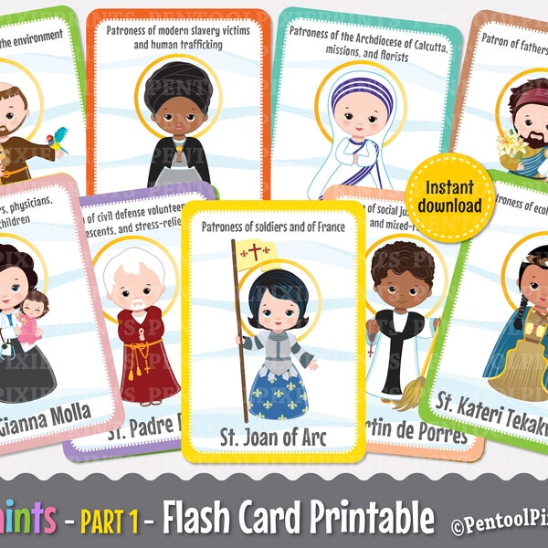 Printable Saints Flash Cards, Catholic Saints Flashcards, Saints Flashcards, Educational Flash Cards, Printable Flash Cards, PART 1