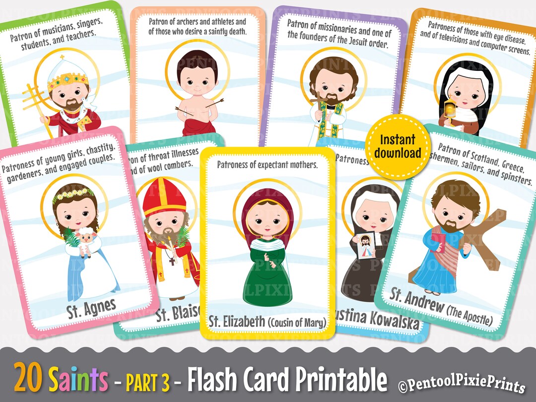 Printable Saints Flash Cards, Catholic Saints Flashcards, Saints ...