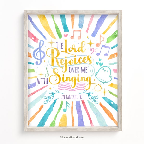 The Lord rejoices over me with singing, Zephaniah 3:17, Scripture wall art, Watercolor Bible verse Wall Art, Christian gifts