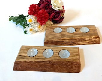 Rustic Tea Light Holder with Candles, Two Oak Trays with Natural Edge, Dining Table Centerpiece