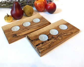 Rustic Candle Holders,  Wood Tea Light Set with Candles, Two Trays for Dining Table Centerpiece