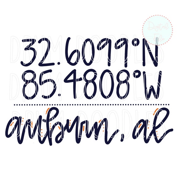 Auburn Watercolor PNG - Hand-lettered Coordinates - Latitude and Longitude PNG - Heat Transfer Design - Sublimation Design - Printable