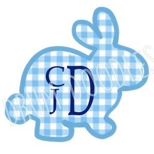 May include: Blue and white gingham bunny with the monogram "CJD" in navy blue.