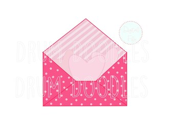 May include: A pink envelope with white polka dots and a white and pink striped flap. The envelope has a pink heart shape inside.