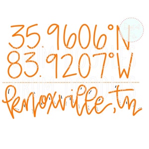 May include: Orange handwritten text on a white background. The text reads "35.9606°N 83.91207°W Knoxville, TN".