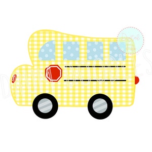 Puede incluir: Un autobús escolar amarillo con un patrón de cuadros y una señal de stop roja. El autobús tiene ventanas azules con lunares blancos.