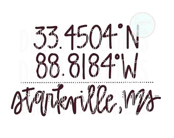 Mississippi State PNG - Starkville, MS PNG File - Latitude and Longitude - Heat Transfer Design - Sublimation Design - Printable