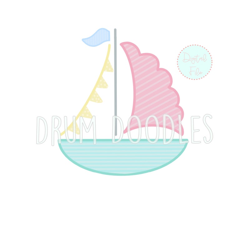 May include: A cute cartoon sailboat with a pink and white striped sail, a yellow flag with white triangles, and a blue flag. The sailboat is on a light blue and white striped background. The text "Drum Doodles" is written below the sailboat.
