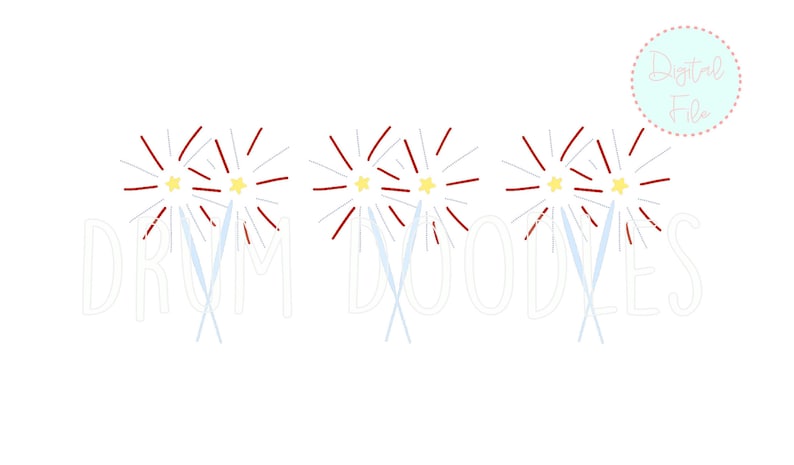 K&ouml;nnte beinhalten: Eine digitale Datei mit drei rot-wei&szlig;-blauen Wunderkerzen mit gelben Sternen. Das Wort "DRUM DOODLES" ist in Wei&szlig; unter den Wunderkerzen geschrieben.