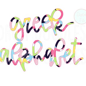 May include: A colorful, abstract design of the word "greek doodles alphabet" in a bold, handwritten style. The letters are filled with a variety of bright colors, including pink, yellow, green, and blue.
