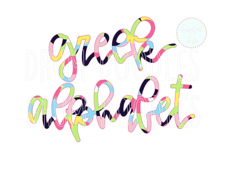 May include: A colorful, abstract design of the word "greek doodles alphabet" in a bold, handwritten style. The letters are filled with a variety of bright colors, including pink, yellow, green, and blue.