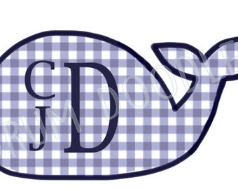 Navy Gingham Whale Watercolor PNG, Heat Transfer, Sublimation (Digital File)