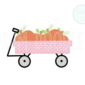 May include: A pink wagon with white polka dots filled with orange pumpkins. The wagon has black wheels and a black handle.