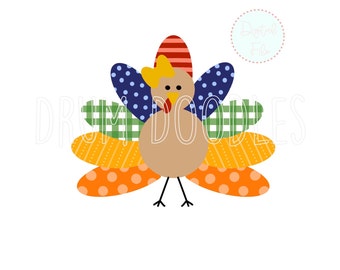 Girl Turkey Watercolor PNG – Faux Applique Thanksgiving Clipart (Digital Download)
