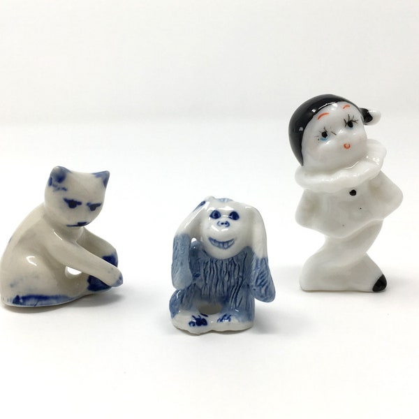 3 miniature figurines, ceramic porcelain glass, assorted vintage cat monkey clown miniatures